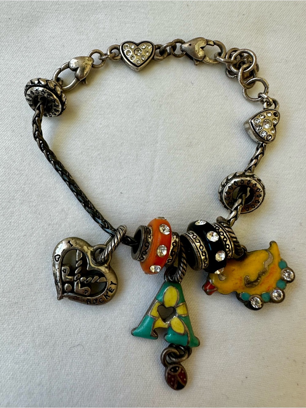 Brighton Silver Charm Bracelet Enamel Duck Hockey Heart Initial A Ladybug Beads